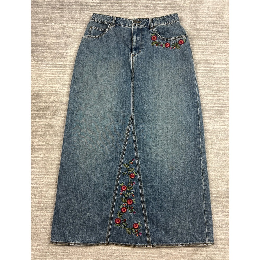 St. John's Bay Denim Maxi Skirt Womens 6 Blue Floral Embroidered Cotton Long